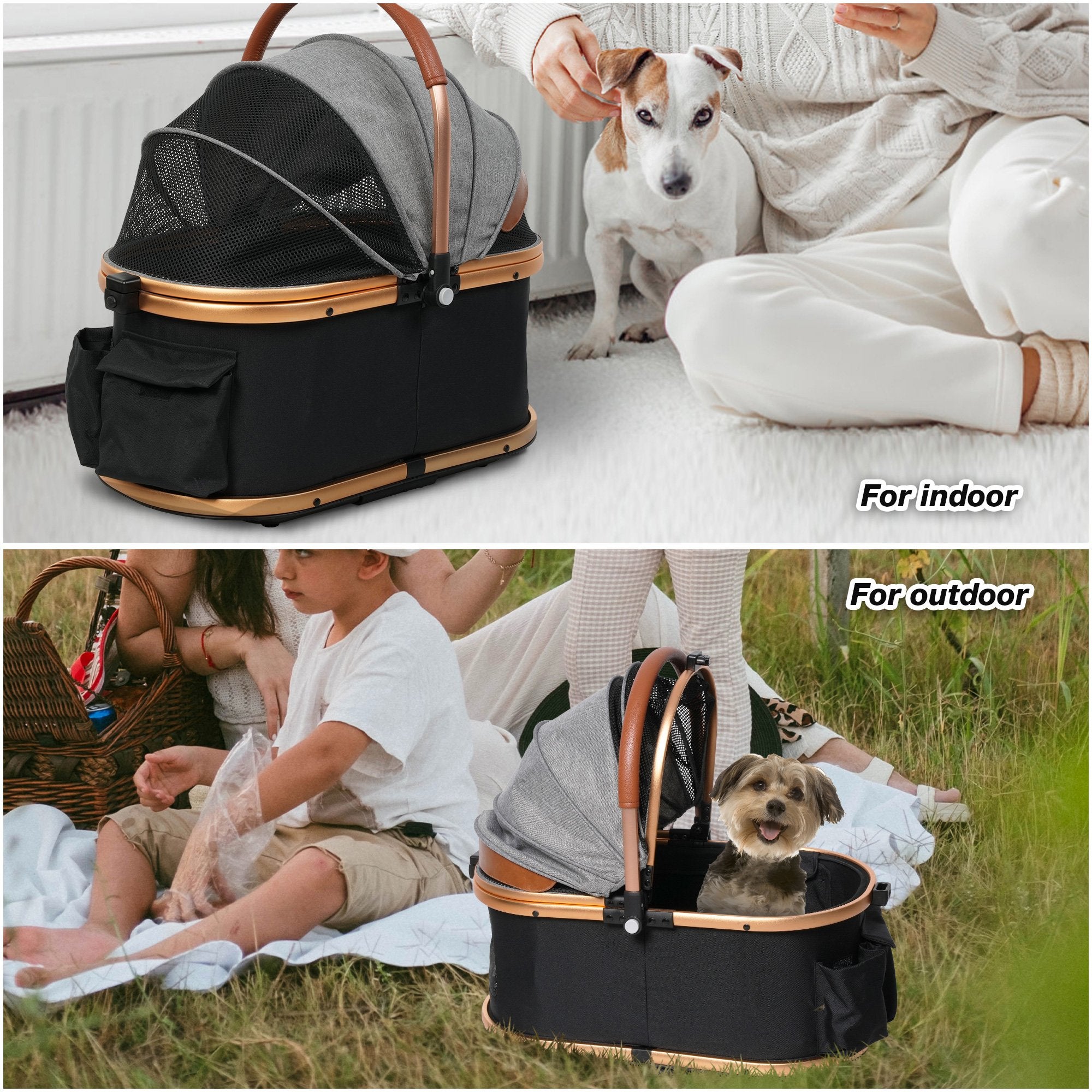 2 in 1 Dog Stroller Pet Carrier with Detachable Carrier and Adjustable Handle, Gold