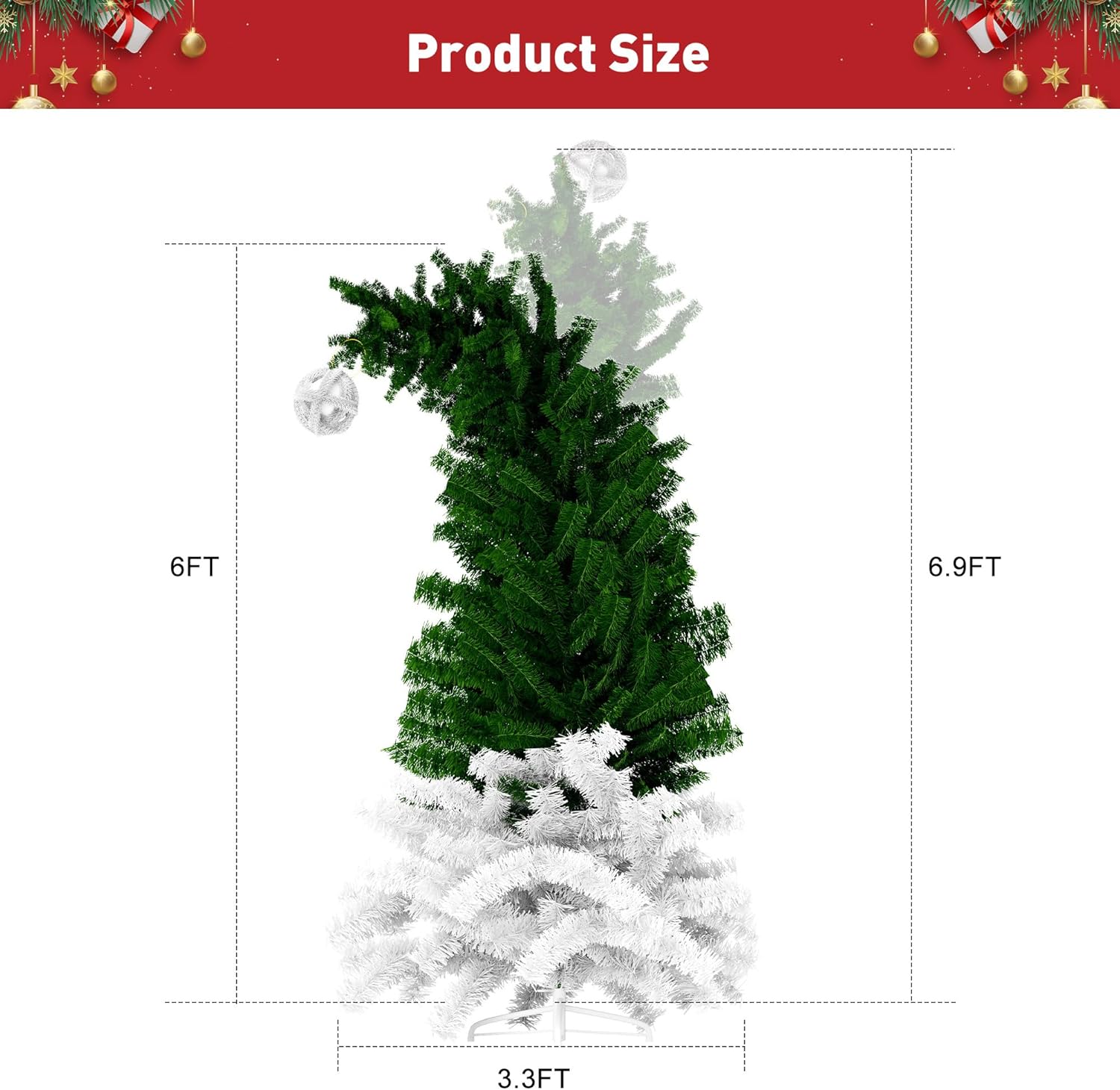 6ft Bendable Santa Hat Style Artificial Christmas Fir Tree Xmas Tree with Metal Stand, 1050 Lush Branch Tips - Luckyermore