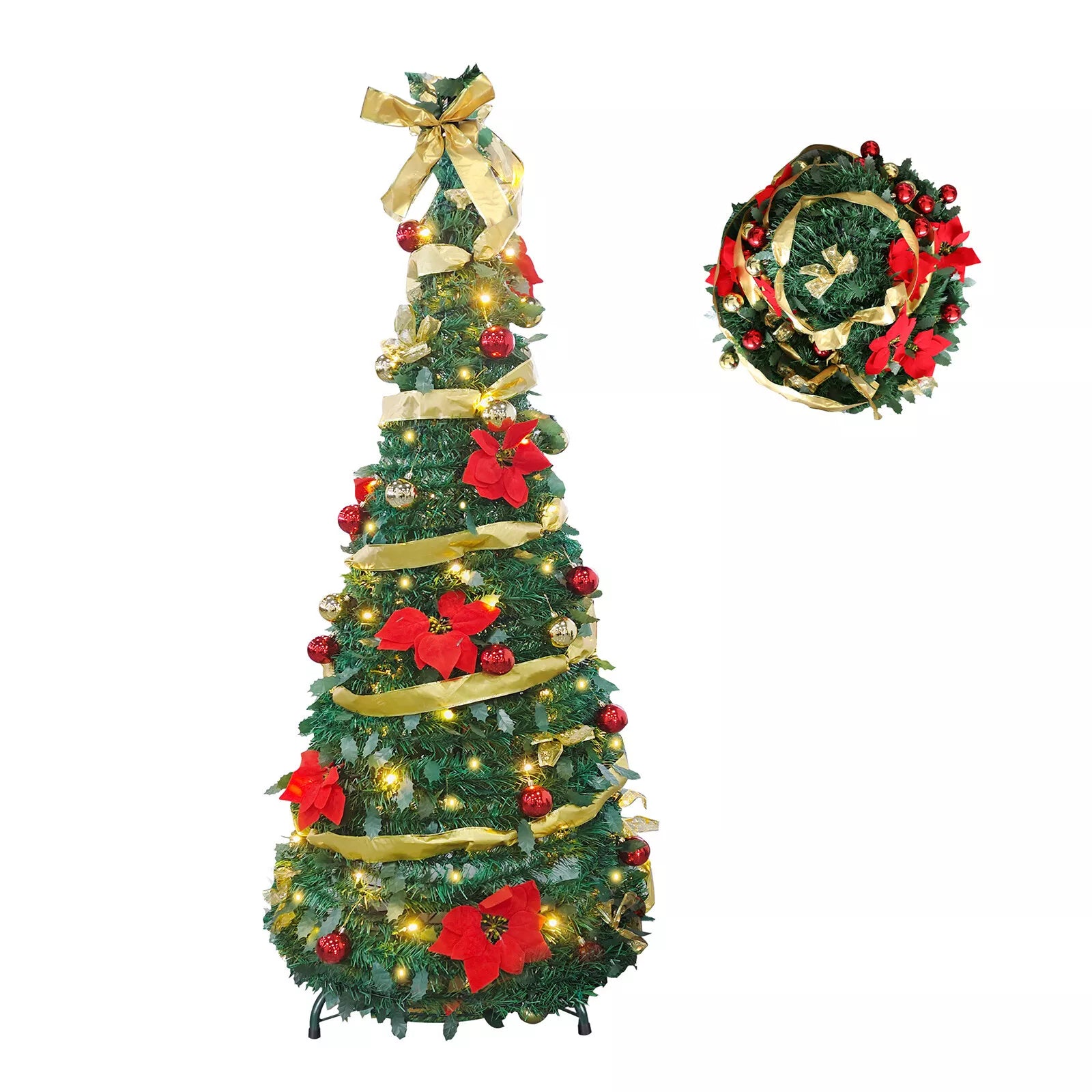 6ft Pre-Lit Artificial Pop Up Christmas Tree Pre-Decorated Collapsible Xmas Tree with 200 Warm Lights, Balls, Bows, Flowers - Luckyermore