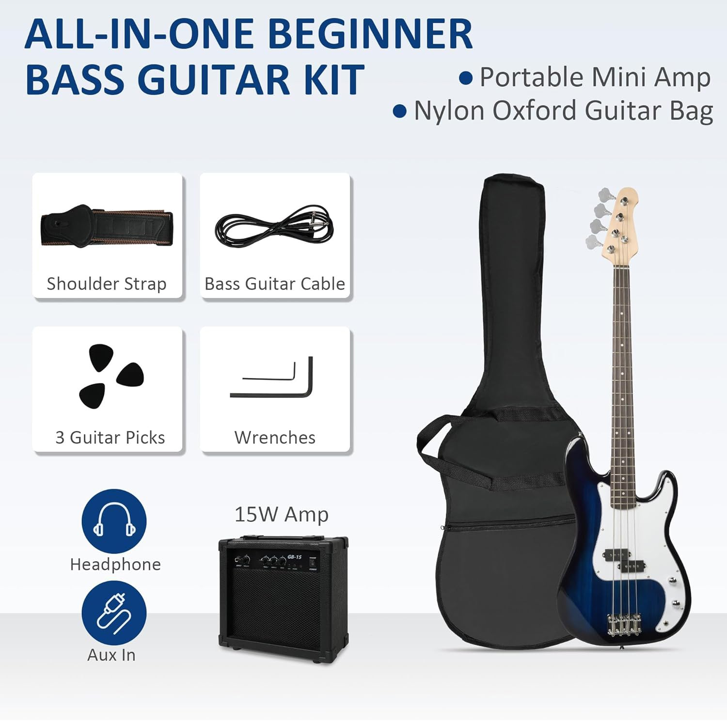 46" Full Size Electric Bass Guitar Kit PB style for Beginners with Amplifier, Blue and White - Luckyermore