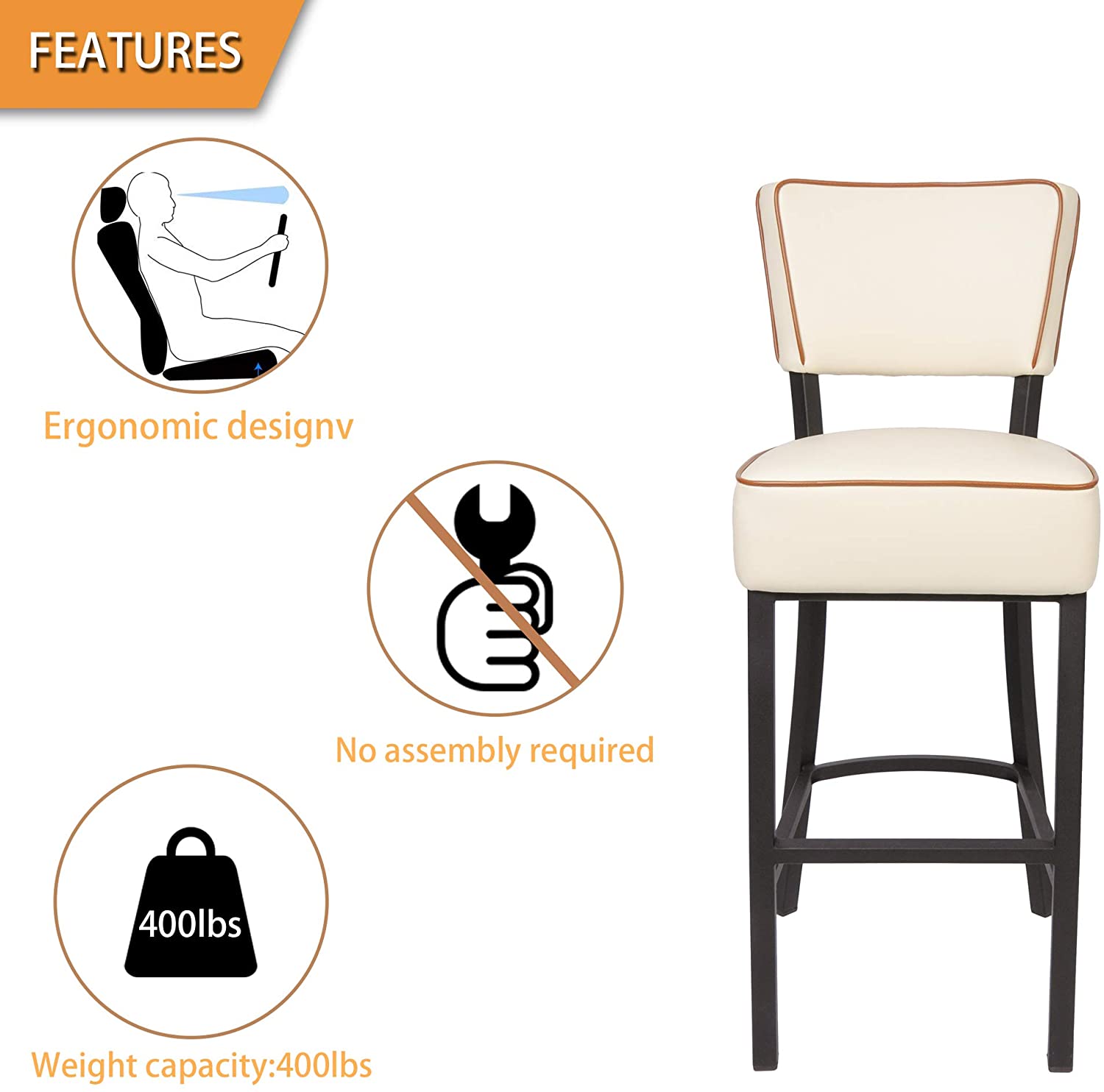 30” Bar Stools Set of 2 Kitchen Chairs Counter Pub Height Leather Modern Breakfast Dining Chairs Home Furniture, Beige - Luckyermore