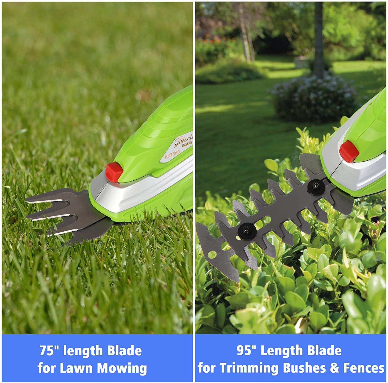 2-in-1 Cordless Hedge Trimmer 60min Shrubber w/Protective Shells Grass Shear Combo Rechargeable 3.6V Li-Ion Battery 2.45 lbs for Easy-Carry - Luckyermore