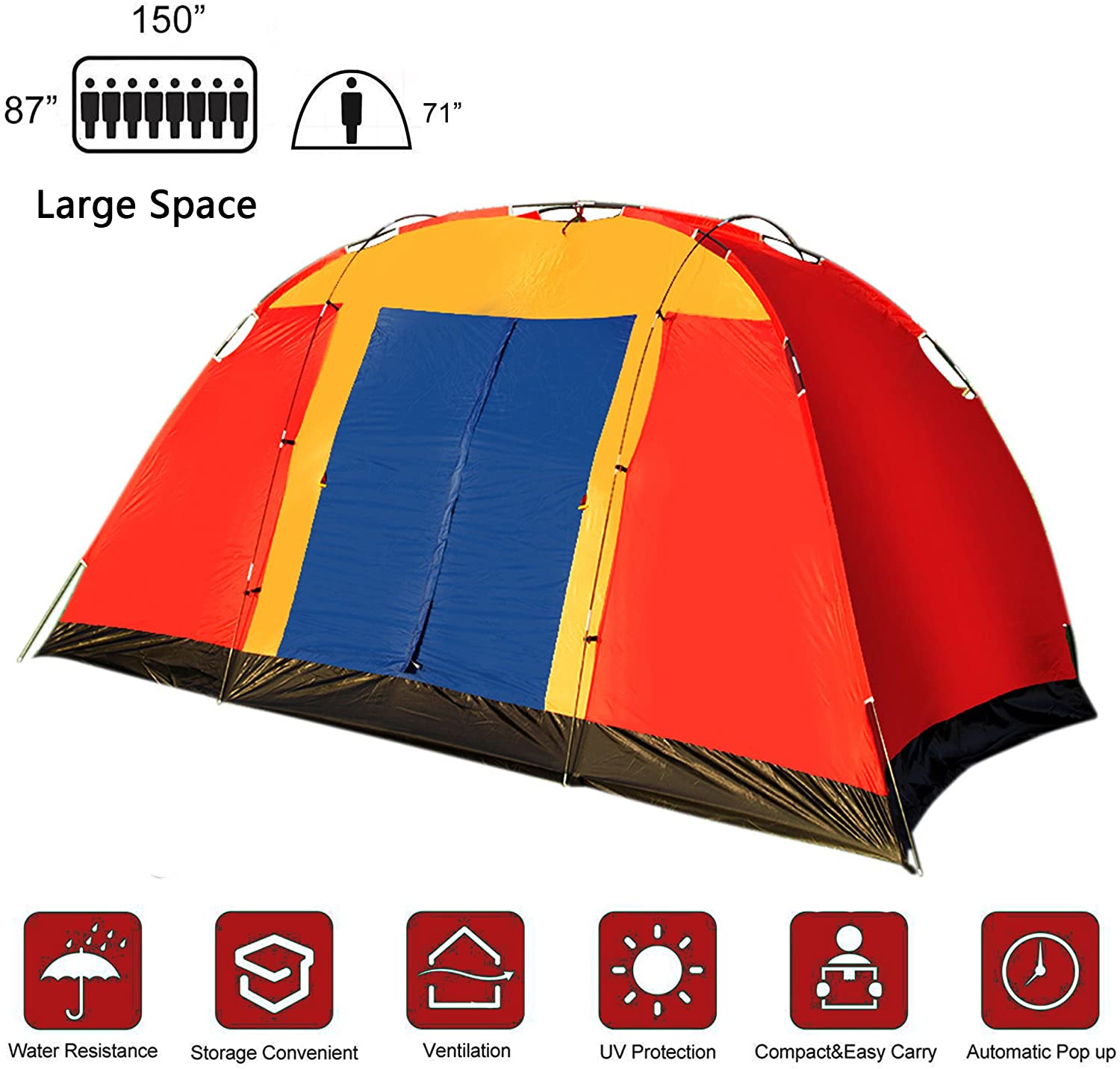 8 Person Backyard Camping Tent Waterproof Easy Setup, 12.5ft - Luckyermore
