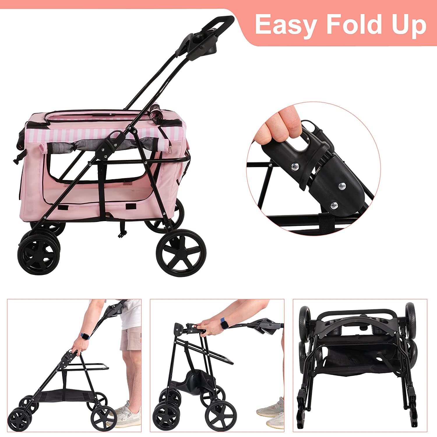 Pet Travel Carriage with Foldable Carrier Cart and Cup Holder, 3-Wheeler, Size: 30.717